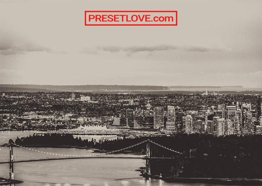 A monochrome vintage photo of a cityscape