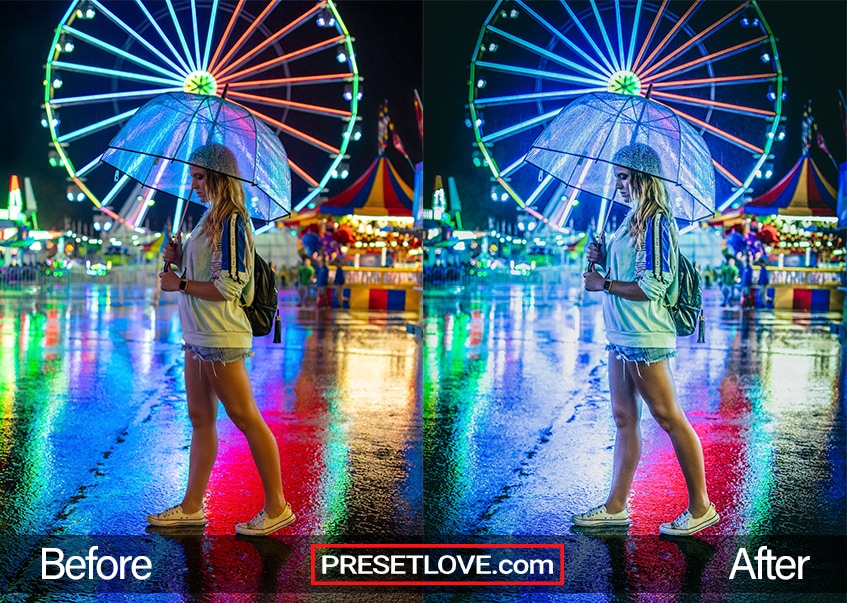 A vibrant night photo of a woman using a transparent umbrella while walking in a colorful amusement park