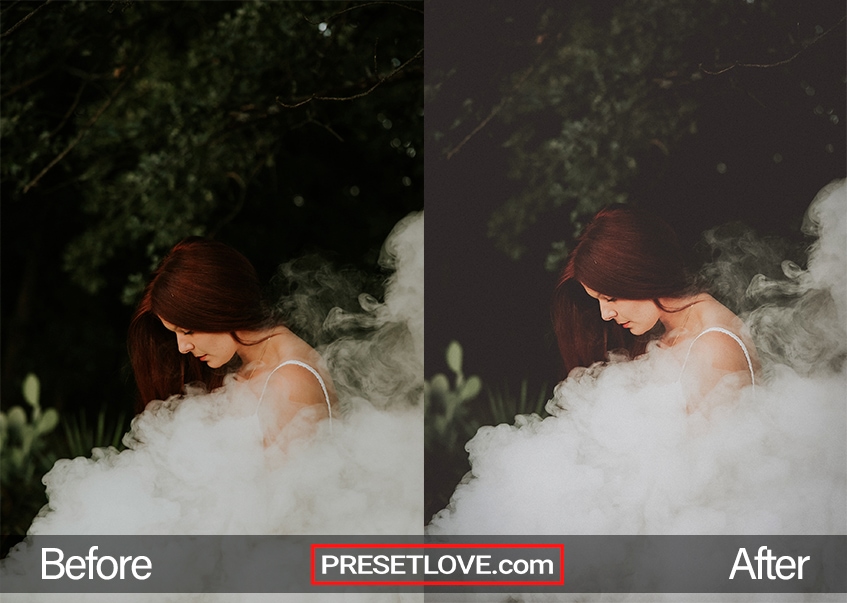 A soft but dark outdoor photo of a woman covered in smoke