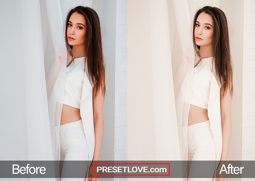 Image of a woman standing in front of a white wall. The woman is wearing white and has long, brown hair. The image has been edited with the Smart Warmer PresetLove preset, which gives the image a warm and inviting look.