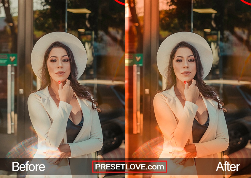 A vintage portrait of a woman wearing a white blazer and hat, with light leaks on the left edge