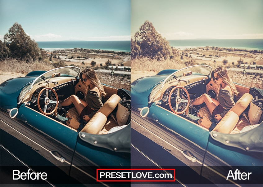 A woman lounging at a blue vintage car, with the sea in the background