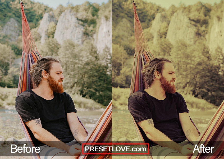 Before and after photo of 1970s preset by PresetLove, showcasing a retro look with warm tones, vignetting and faded effect.