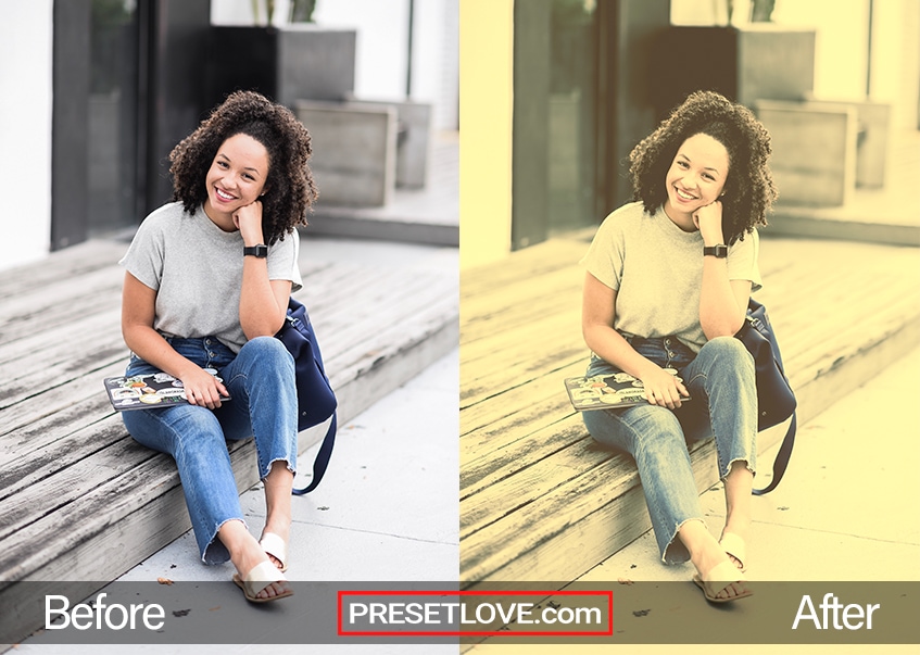 Before and after photo of Bow Tie preset by PresetLove, showcasing increased contrast and saturation with a subtle vintage tint.