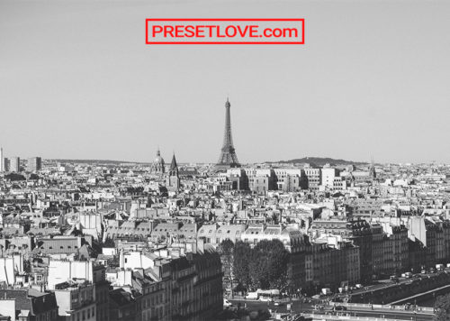 A black and white cityscape of Paris, France