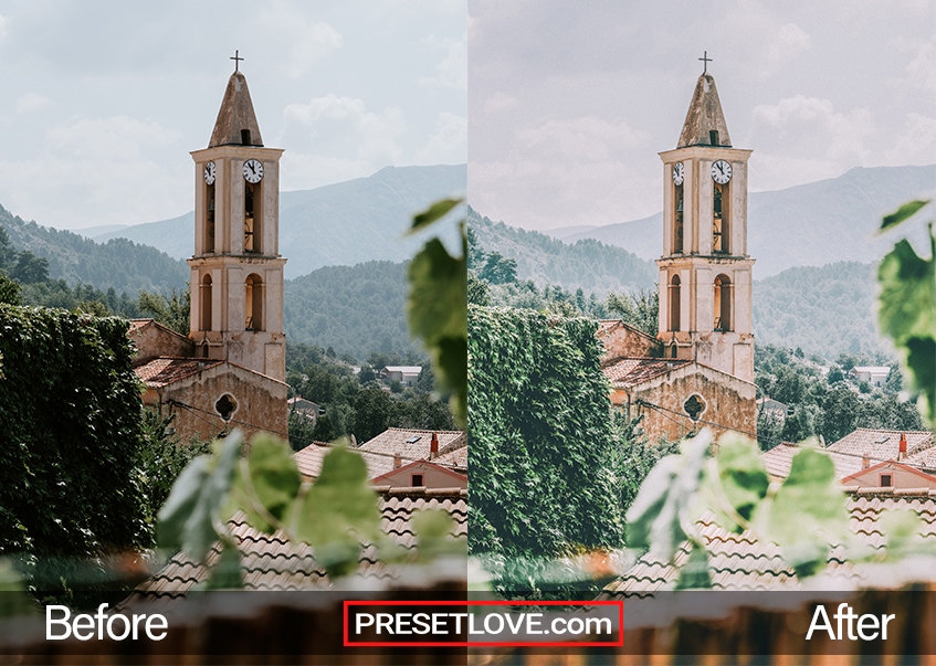 A church bell tower with lightened colors