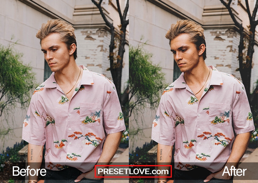 A vivid matte film outdoor portrait of a man in a lavender shirt