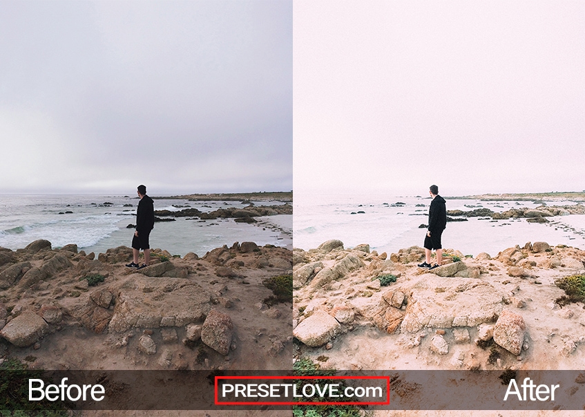 A bright photo of a man wearing a black jacket at a coast