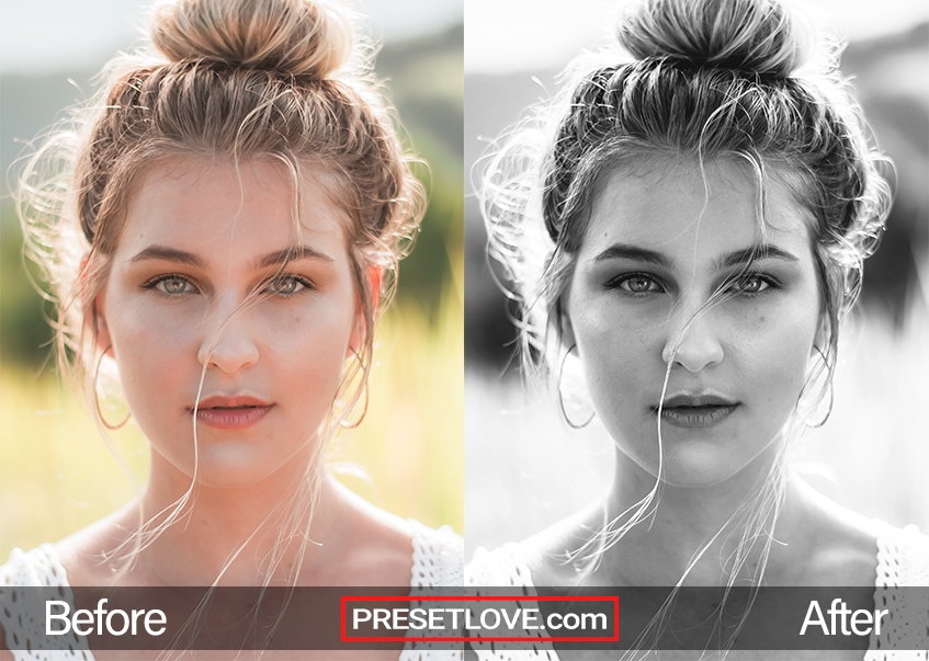 Before and after comparison of a photo edited with Camaieu preset from PresetLove, showcasing a muted color effect.