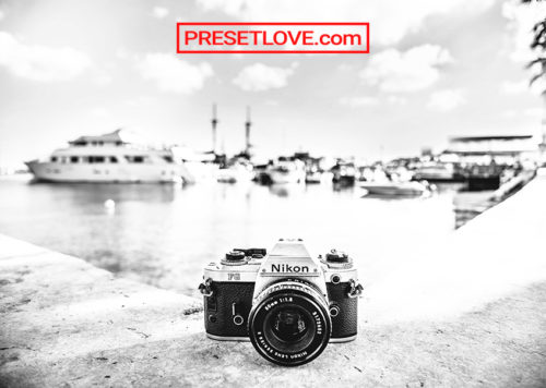 A black and white image of camera with a coast in the background