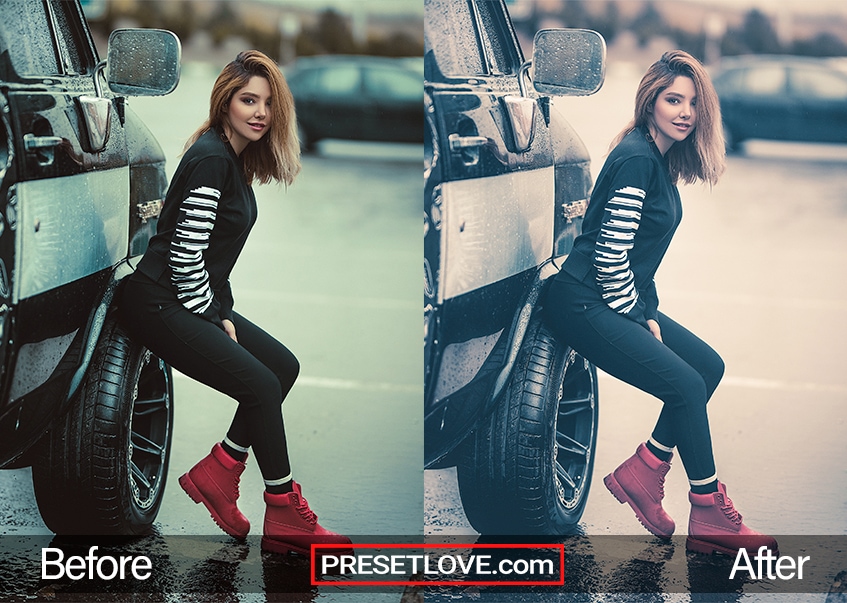 A softened portrait of a woman wearing red shoes and leaning against a car