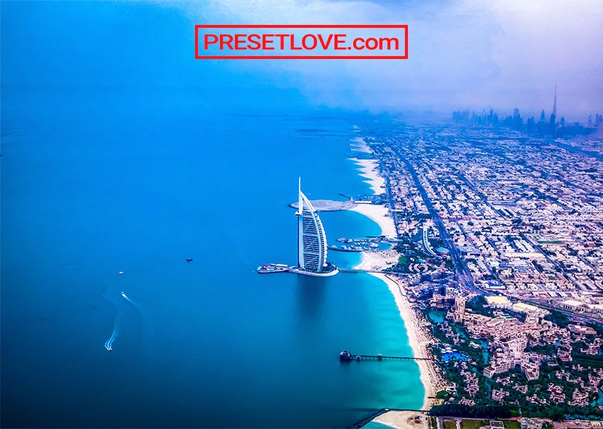 A vibrant HDR preset applied to the cityscape of Dubai, with the Burj Al Arab at the center