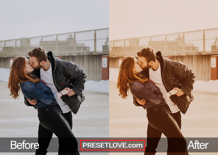 A retro film photo of a couple kissing outdoors, with a warm vintage preset applied