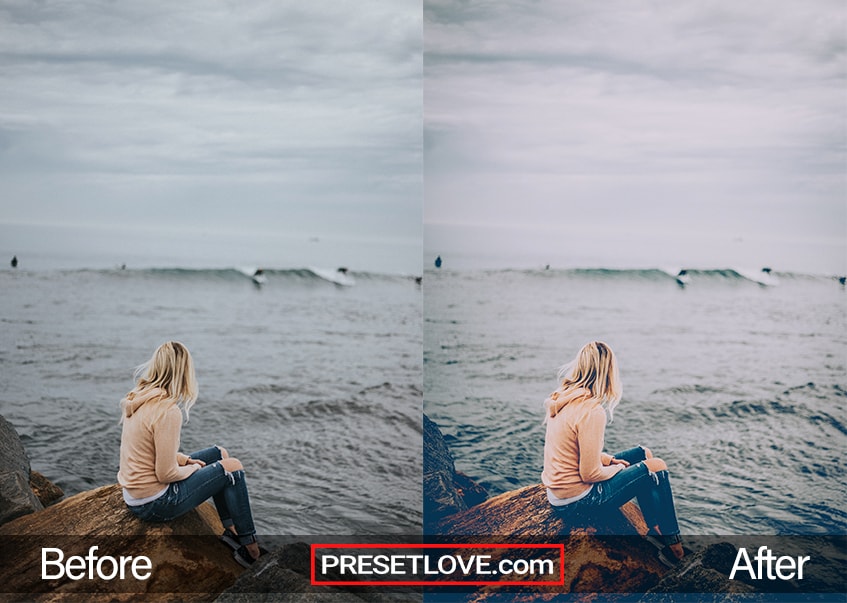 A soft cinematic photo of a woman wearing a beige jacket while sitting along the coast