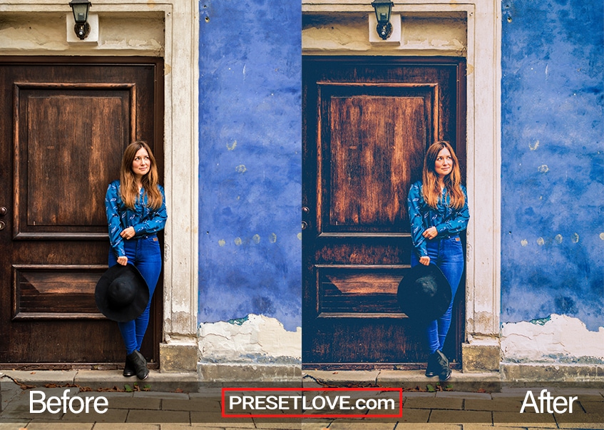 A matte vintage photo of a woman in blue leaning against a dark wooden door