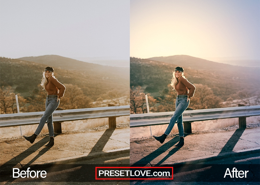 Before and after photo of Sunny Days preset by PresetLove, showcasing a bright and warm look with increased clarity and vibrance.