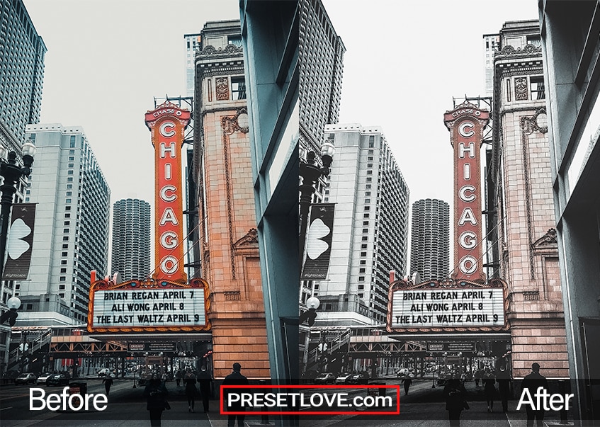 A desaturated street with a large red Chicago sign