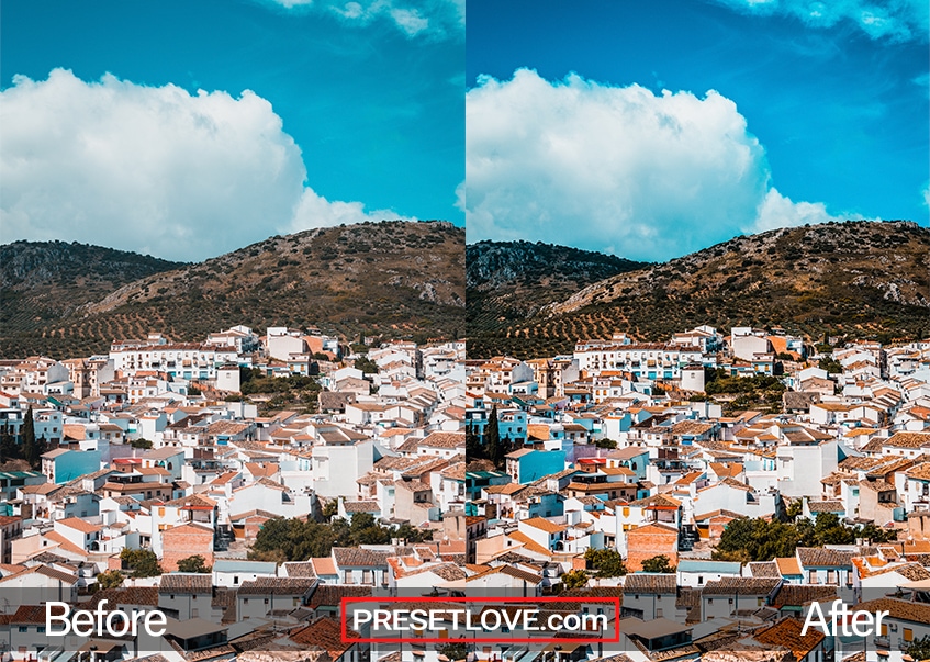 A vivid urbanscape with hills in the background, enhanced by PresetLove's landscape preset for Lightroom.