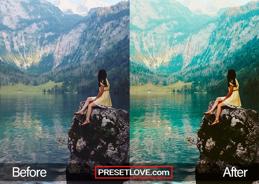 A vibrant photo of a woman wearing a yellow dress viewing the mountain landscape while sitting on a rock