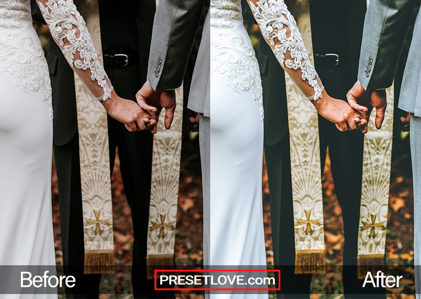 Elegant Wedding Lightroom preset applied to a photo featuring a couple holding hands during a wedding ceremony
