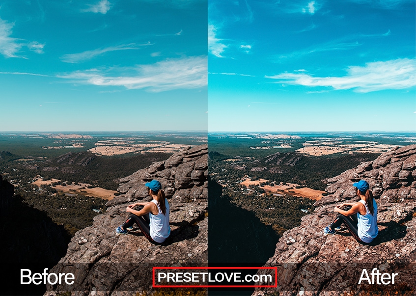 A vibrant and cinematic photo of a woman sitting by the cliff