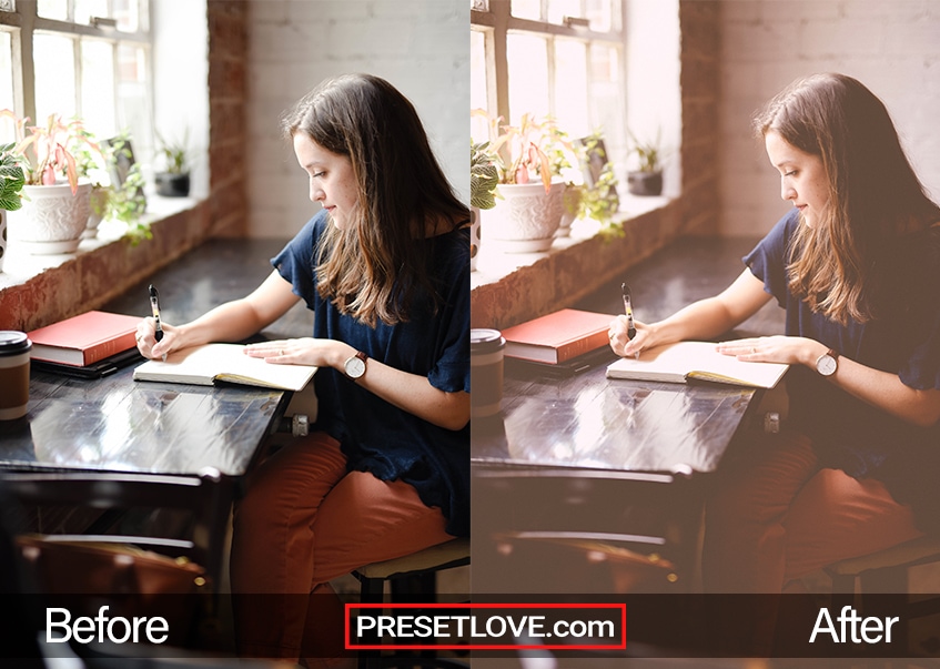 A vintage photo of a girl writing at a desk