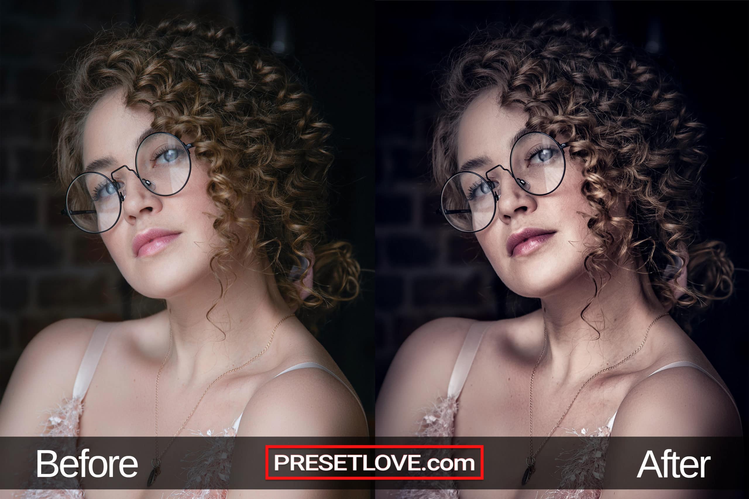 A high-contrast portrait of a woman with curls and eyeglasses