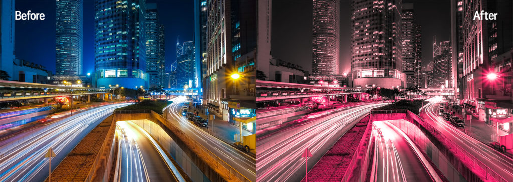 A free vibrant red Lightroom preset applied to a night highway photo