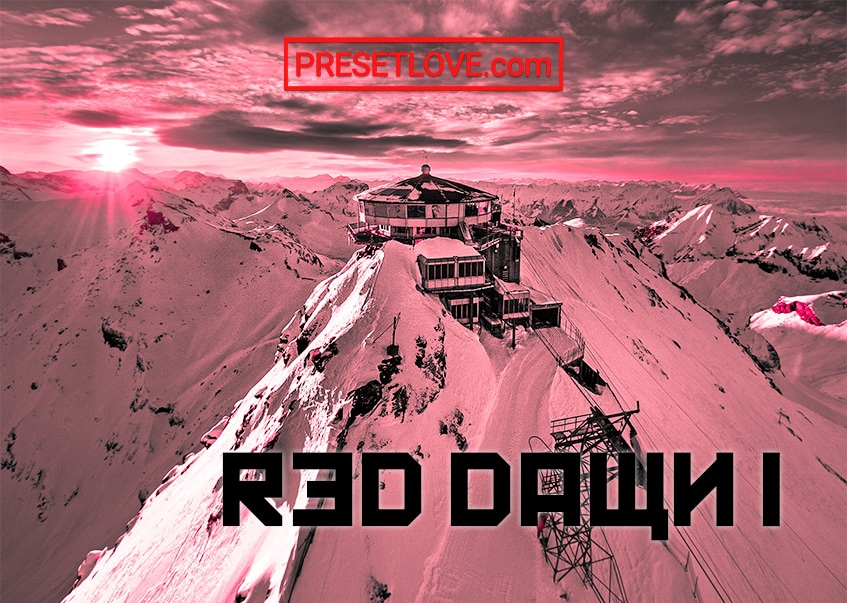 A red monochrome modern preset for Lightroom applied to a mountain landscape photo