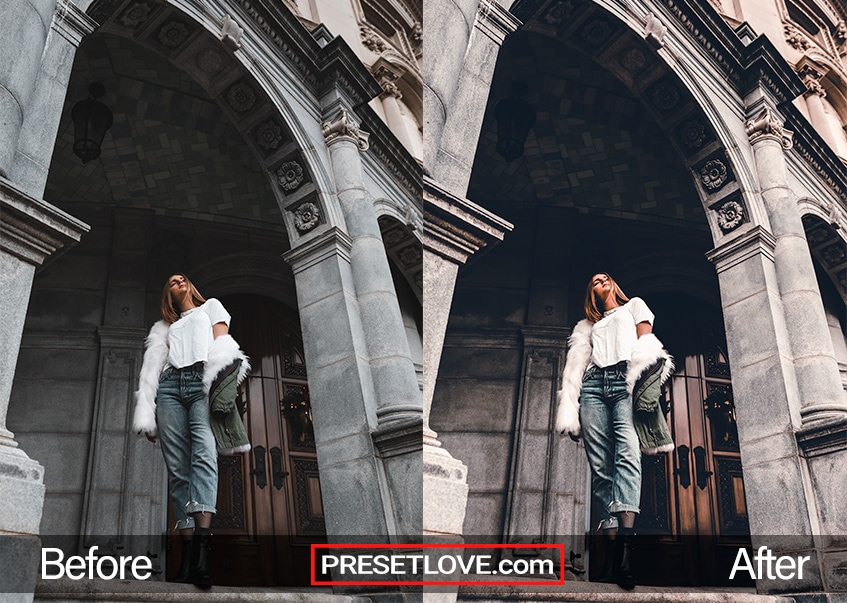 Free fashion Lightroom preset applied on a photo of a woman under an archway