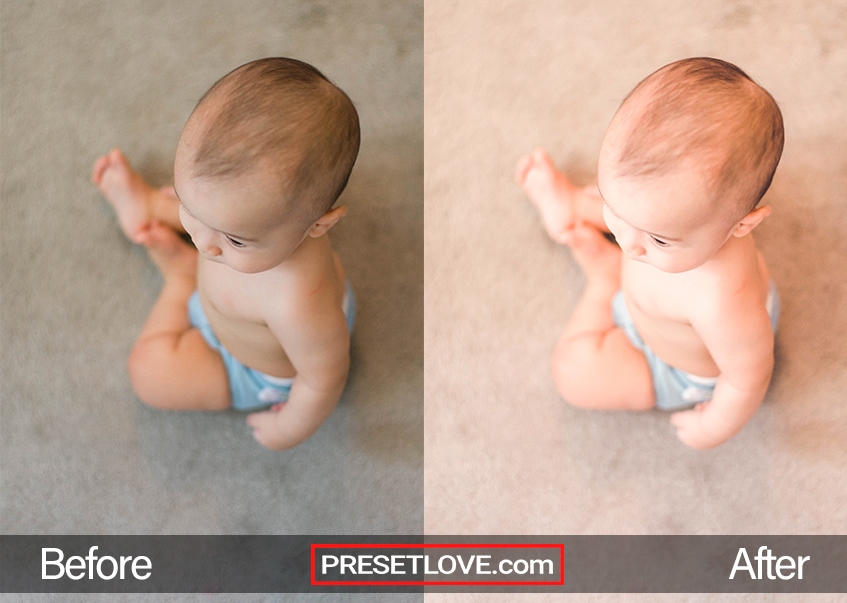 A top-view photo of a baby sitting on the floor, with a pastel newborn preset