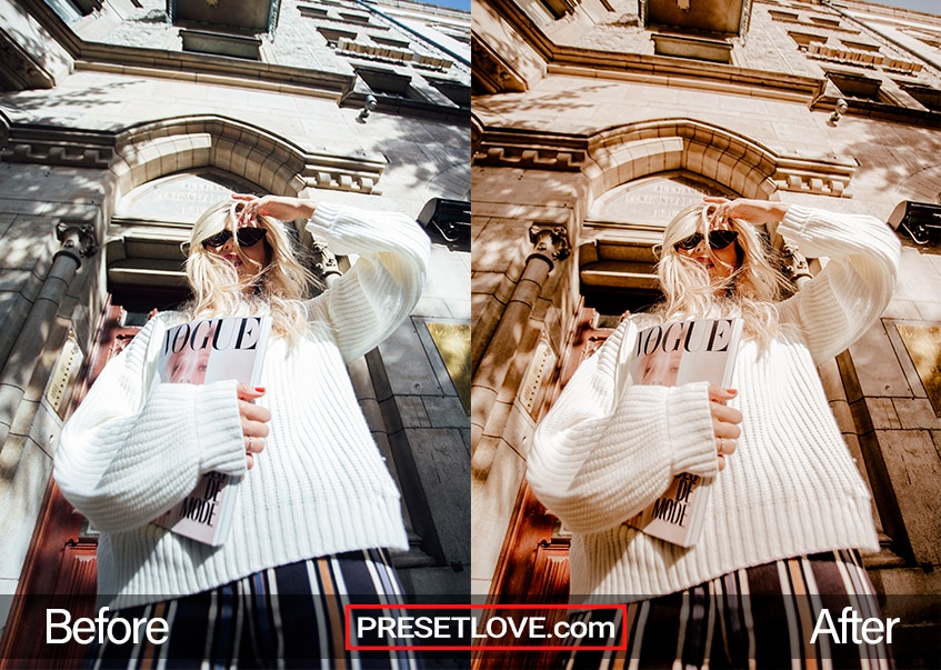 Before and after photo of Pastel Warm preset by PresetLove, showcasing a soft and dreamy pastel look with warm tones and increased clarity.