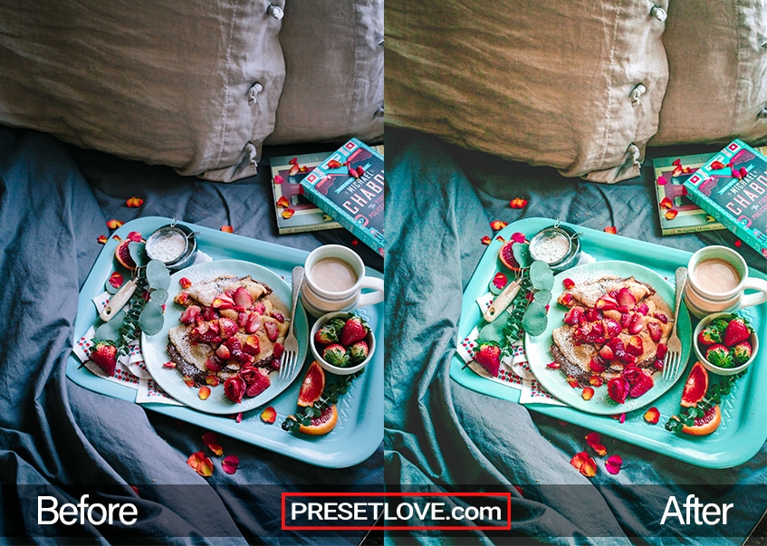 A colorful picture of a fruity pancake on a vibrant blue tray