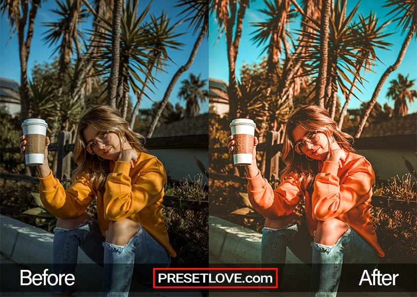 Before and after photo of California Sunset preset by PresetLove, showcasing a warm and vibrant look with yellow and orange tones, and increased contrast.