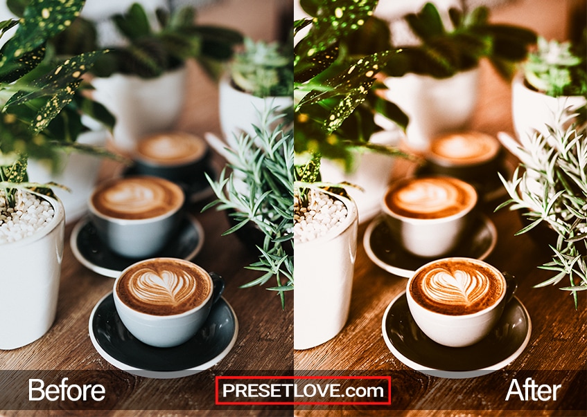 Get cozy and warm tones in your photos with the Coffee Break preset from PresetLove - see the before and after transformation.