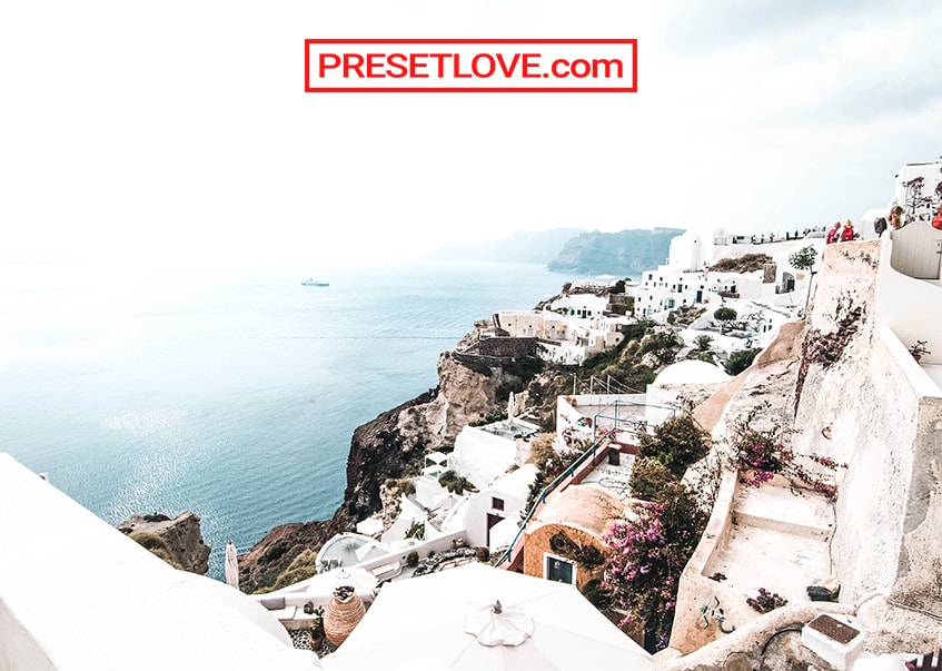 A cityscape photo of Santorini enhanced by a free bright white Lightroom preset