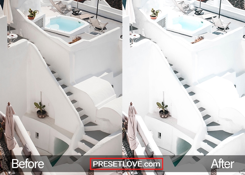 Before and after comparison of a photo edited with Santorini White preset from PresetLove, showcasing a beautiful white and blue color scheme.