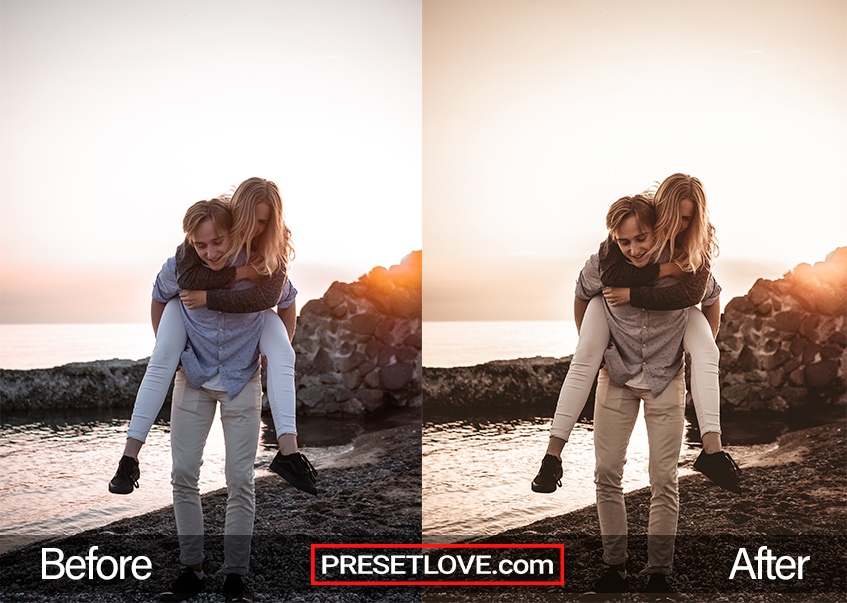 Before and after photo of Pastel Lovestory preset by PresetLove, showcasing a soft and romantic pastel look with warm tones and increased clarity.