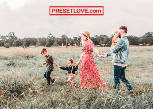 Outdoor portrait of a family in the fields
