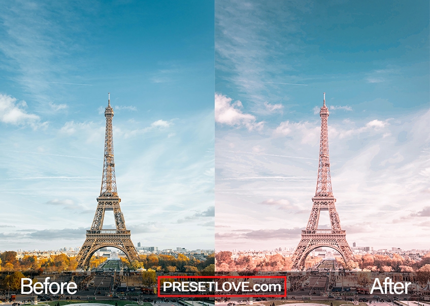 Add a touch of romance to your Parisian photos with the Romantic Paris preset from PresetLove - see the before and after comparison.