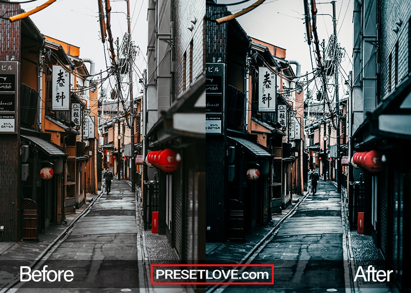 A dark and moody preset for Lightroom applied on a photo of a narrow street in Japan