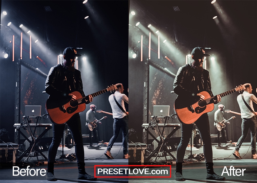 A night Lightroom preset applied to a photo of a guitarist performing