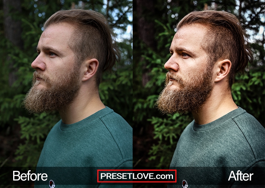Before and after comparison of a bearded man's portrait, showcasing the dramatic transformation achieved using a professional Lightroom preset for enhanced contrast and color saturation.