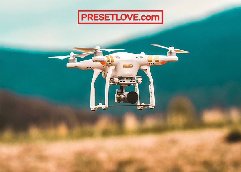 A colorful photo of a drone in midair