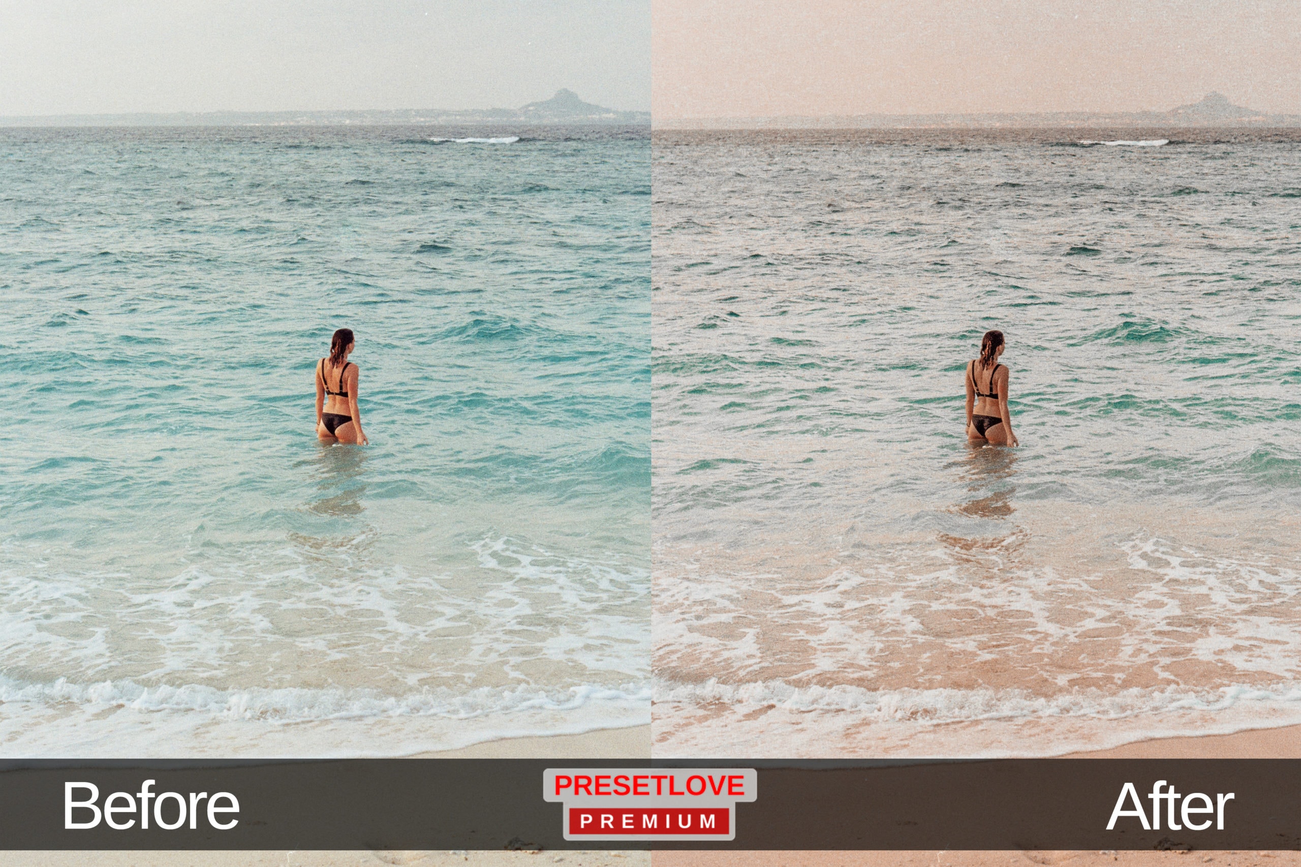 An ocean and teal preset of a woman standing on the shore in a bikini