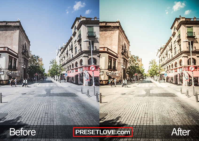 Transform your street photography with the Quiet Street preset from PresetLove - see the before and after comparison.