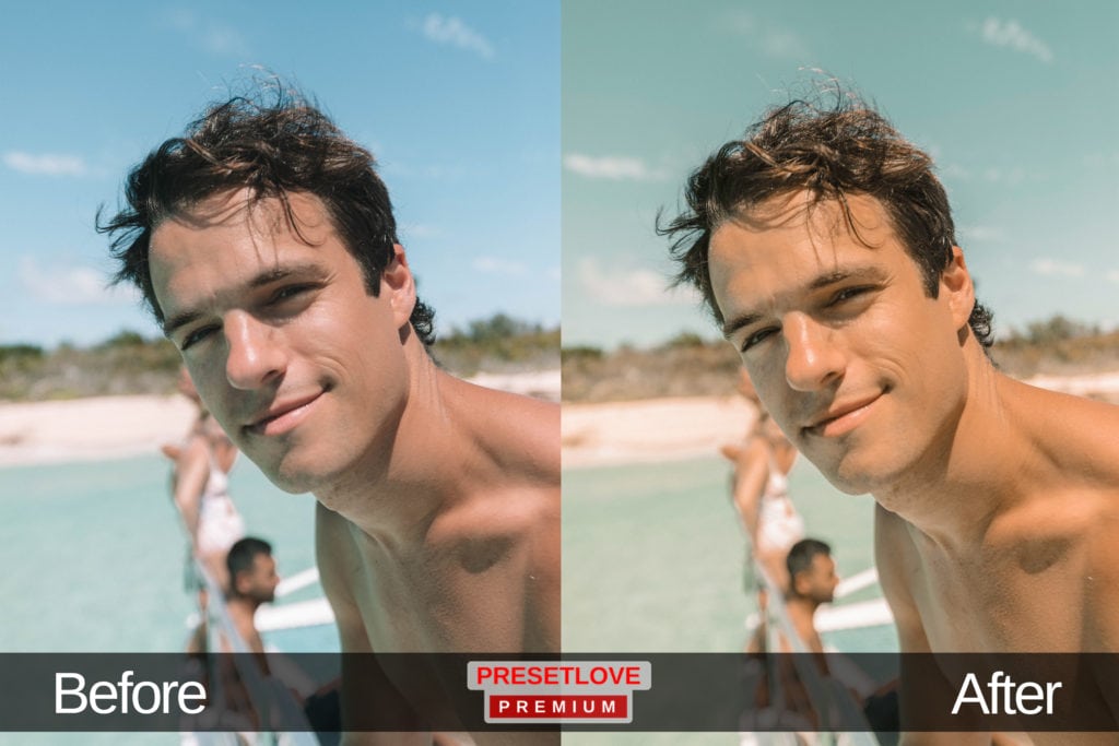A photo portrait of a man at the beach with a warm and vibrant preset applied