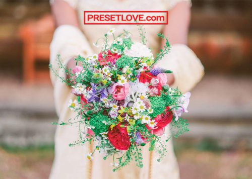Photo of a wedding bouquet enhanced by Detail R1 free wedding Lightroom preset