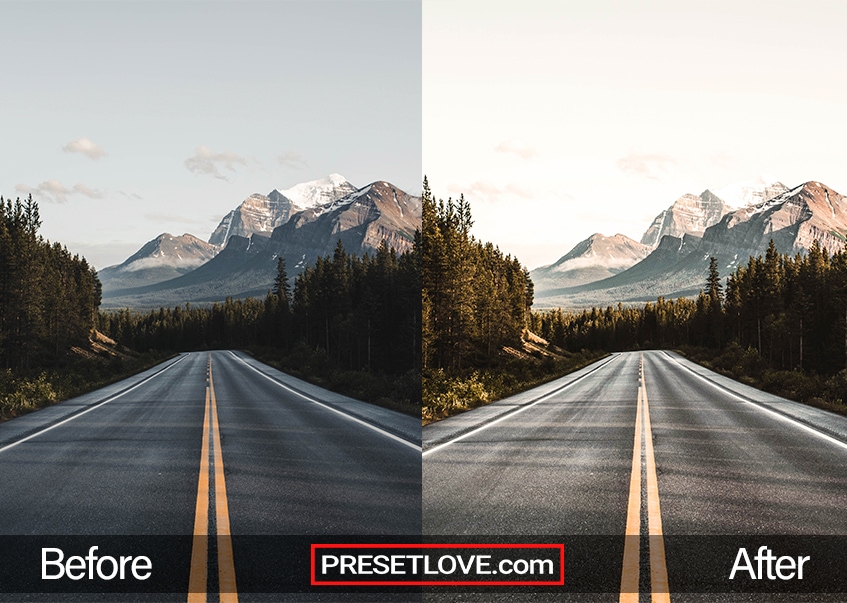 Transform your travel photos with PresetLove's 'Highway Trip' preset - see the stunning before and after comparison featuring a scenic road trip with vibrant colors and enhanced details.