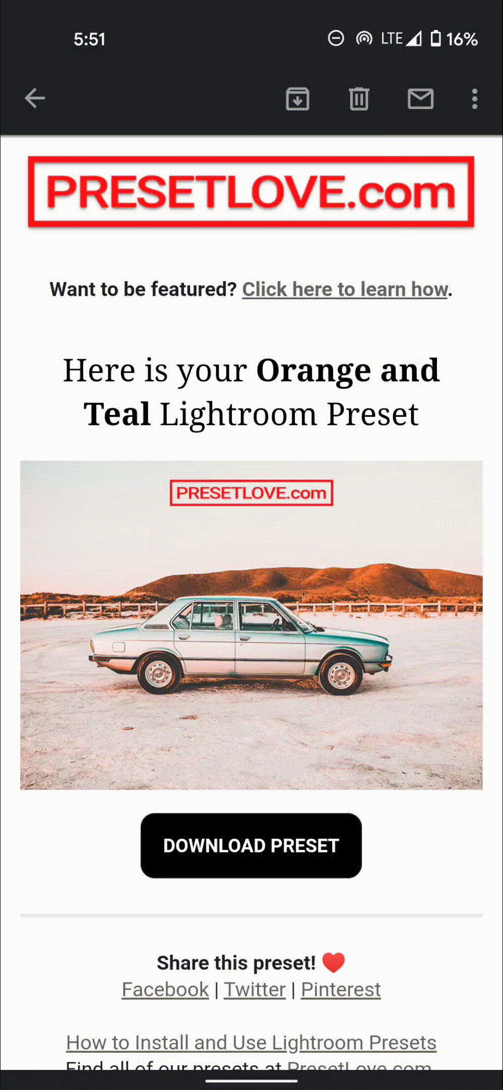 Open your email and download the Lightroom preset.